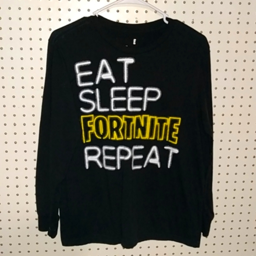 Boys 18-20 Fortnite Brand "EAT SLEEP REPEAT" Black Long Sleeve T-shirt
